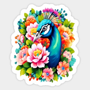 A Cute Peacock Surrounded by Bold Vibrant Spring Flowers Sticker